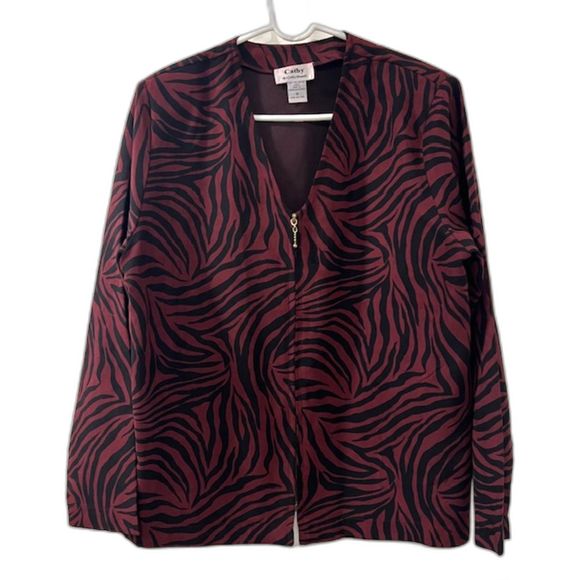 Cathy by Cathy Daniels Maroon Black Animal Zebra Print Full Zip Cardigan Size 16 - Picture 1 of 11